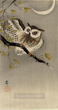 150の主題の芸術作品 Painting - イチョウの枝の上のフクロウ 三日月の下のコノハズク 大原古邨の鳥